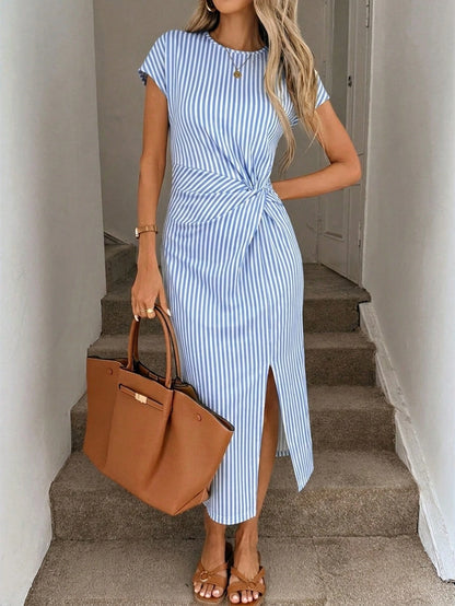 LUNE Women's Printed Summer Casual Elegant Waist Knot High Slit Sleeveless Midi Dress, Knit Textured Bodycon Dress, Birthday Outfit, Fitness Set, Wedding Guest Dress, Office Wear, Brown Polka Do