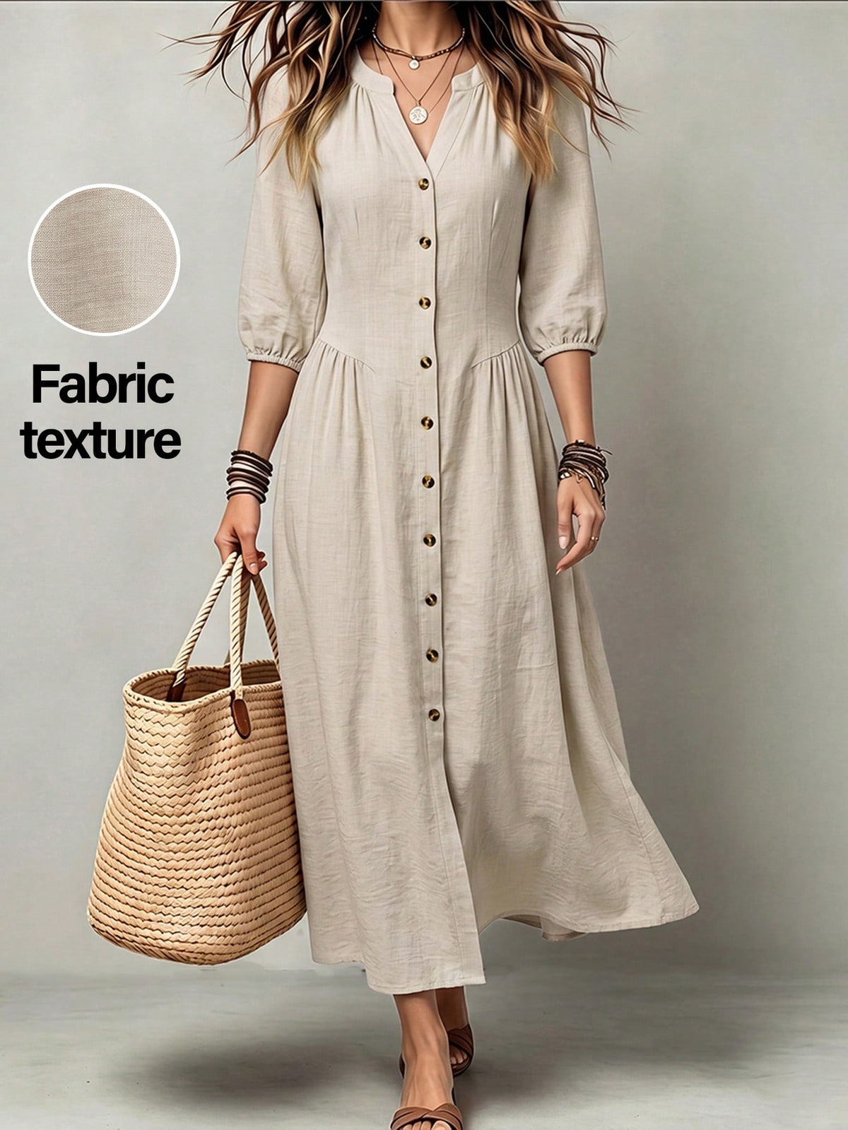 LUNE Women's V-Neck Puff Sleeve Waist-Cinching Button Long Dress