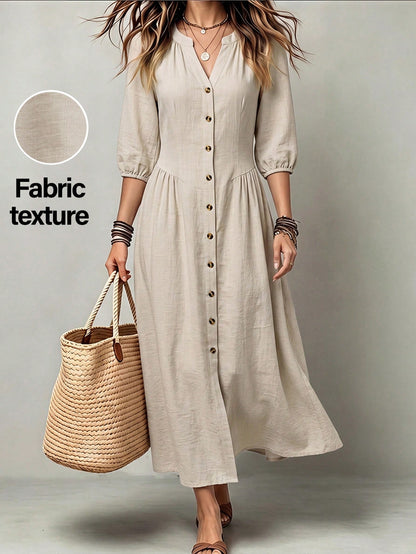 LUNE Women's V-Neck Puff Sleeve Waist-Cinching Button Long Dress