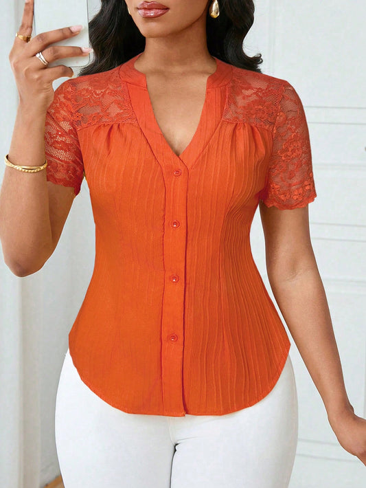 Lunelith Lunessa Women's Commuting Minimalist V-Neck Contrast Lace Short Sleeve Single-Breasted Shirt