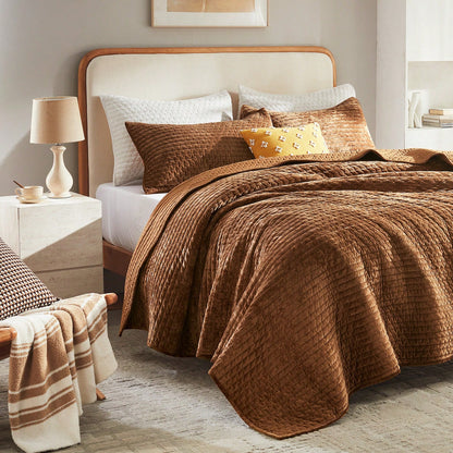 Luxury Velvet Quilt Set, Ultra-Soft Striped Channel Comforter With Rice Stitch Detailing, Lightweight All-Season Bedspread Coverlet W/ 2 Shams, 3 Sizes, 6 Colors