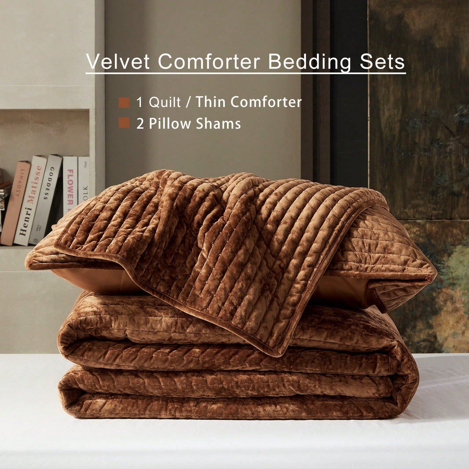 Luxury Velvet Quilt Set, Ultra-Soft Striped Channel Comforter With Rice Stitch Detailing, Lightweight All-Season Bedspread Coverlet W/ 2 Shams, 3 Sizes, 6 Colors