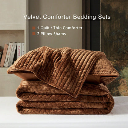 Luxury Velvet Quilt Set, Ultra-Soft Striped Channel Comforter With Rice Stitch Detailing, Lightweight All-Season Bedspread Coverlet W/ 2 Shams, 3 Sizes, 6 Colors
