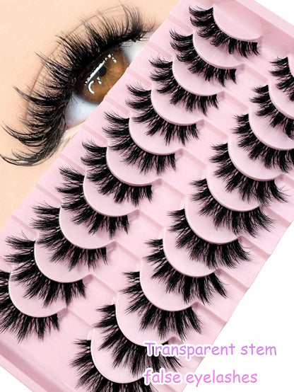 LYBCG 10 Pairs Natural Look False Eyelashes, Handmade Faux Mink Transparent Stem False Lashes, Lightweight & Reusable For Women's Daily Life Cosplay Manga Cat False Lashes Makeup And Work