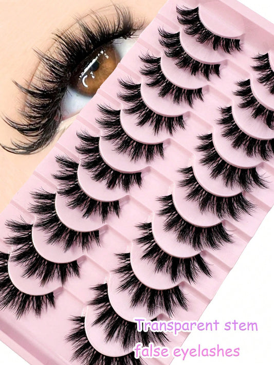 LYBCG 10 Pairs Natural Look False Eyelashes, Handmade Faux Mink Transparent Stem False Lashes, Lightweight & Reusable For Women's Daily Life Cosplay Manga Cat False Lashes Makeup And Work