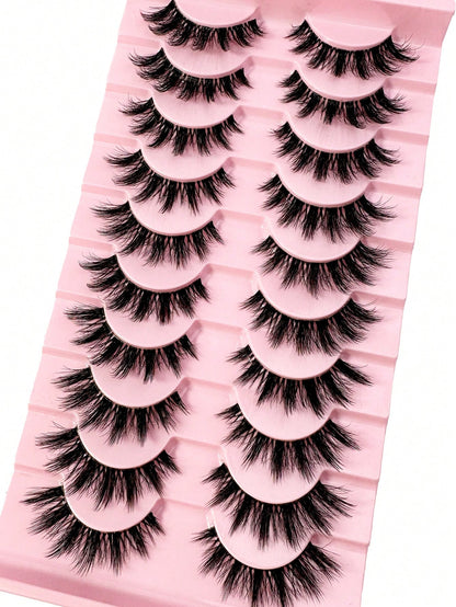 LYBCG 10 Pairs Natural Look False Eyelashes, Handmade Faux Mink Transparent Stem False Lashes, Lightweight & Reusable For Women's Daily Life Cosplay Manga Cat False Lashes Makeup And Work
