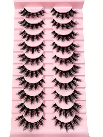 LYBCG 10 Pairs Natural Look False Eyelashes, Handmade Faux Mink Transparent Stem False Lashes, Lightweight & Reusable For Women's Daily Life Cosplay Manga Cat False Lashes Makeup And Work