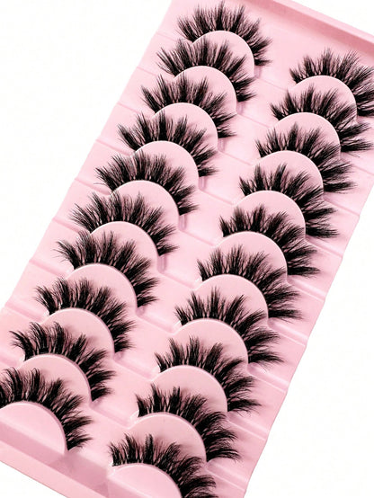 LYBCG 10 Pairs Natural Look False Eyelashes, Handmade Faux Mink Transparent Stem False Lashes, Lightweight & Reusable For Women's Daily Life Cosplay Manga Cat False Lashes Makeup And Work
