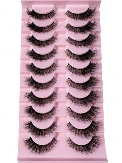 LYBCG 10 Pairs Natural Look False Eyelashes, Handmade Faux Mink Transparent Stem False Lashes, Lightweight & Reusable For Women's Daily Life Cosplay Manga Cat False Lashes Makeup And Work