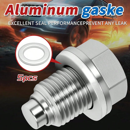 M14x15 Magnetic Oil Drain Plug, 5PCS Aluminum Sealing Washers, Stainless Steel Oil Pan Drain, Universal Leak-Proof Replacement, Suitable For Various Vehicle Models, Motorcycles, Boats