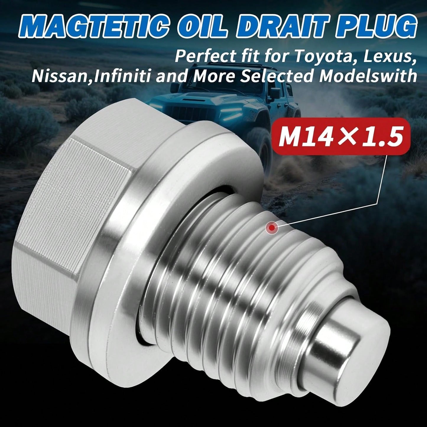 M14x15 Magnetic Oil Drain Plug, 5PCS Aluminum Sealing Washers, Stainless Steel Oil Pan Drain, Universal Leak-Proof Replacement, Suitable For Various Vehicle Models, Motorcycles, Boats