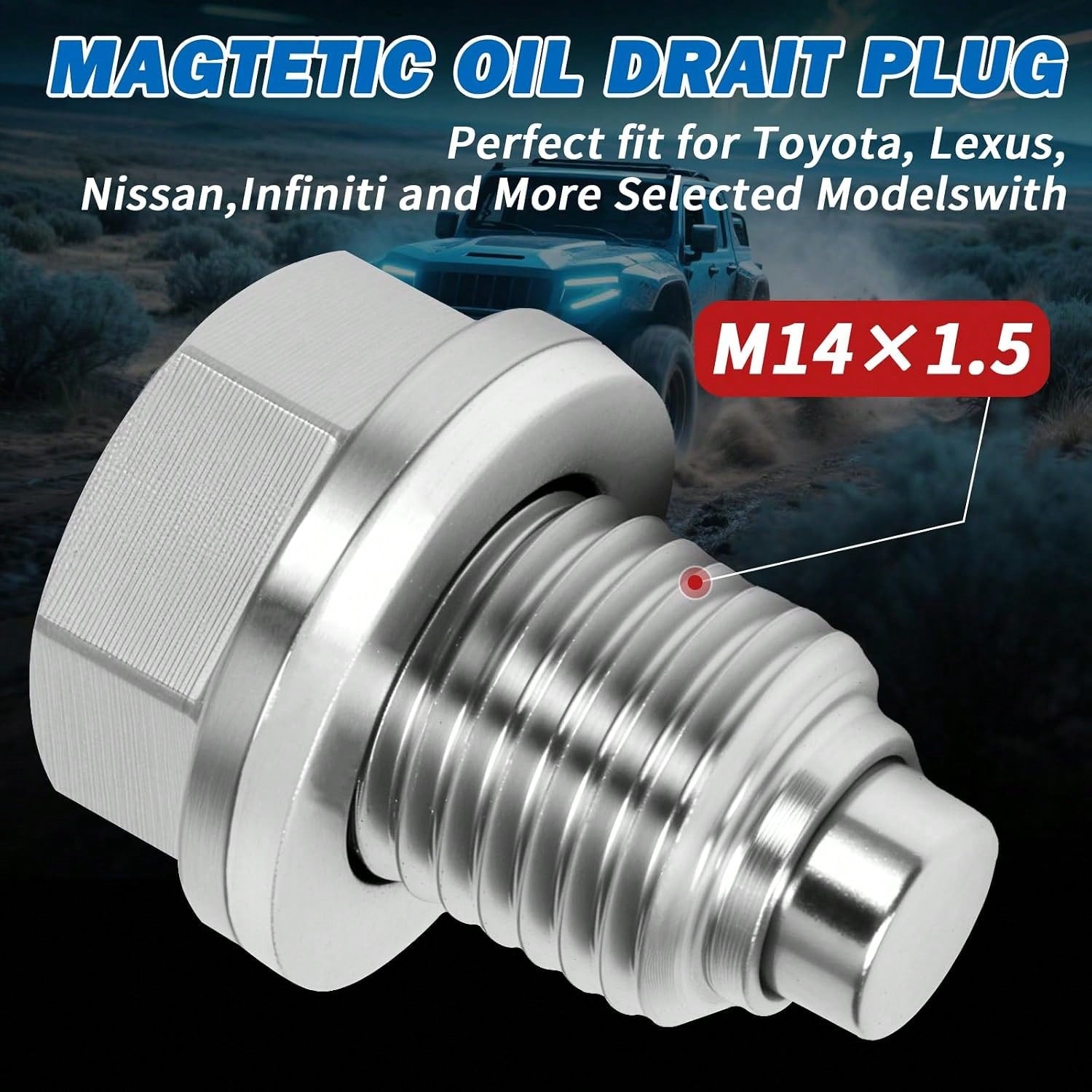 M14x15 Magnetic Oil Drain Plug, 5PCS Aluminum Sealing Washers, Stainless Steel Oil Pan Drain, Universal Leak-Proof Replacement, Suitable For Various Vehicle Models, Motorcycles, Boats