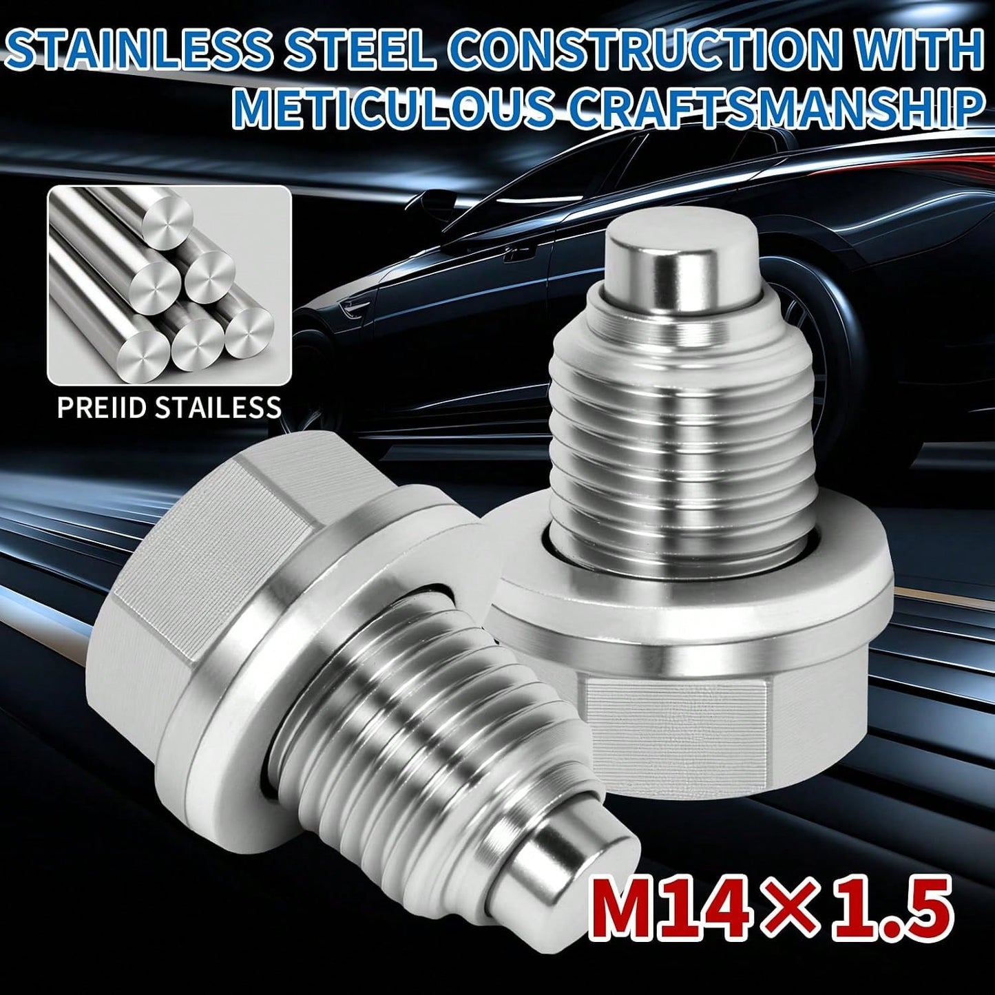 M14x15 Magnetic Oil Drain Plug, 5PCS Aluminum Sealing Washers, Stainless Steel Oil Pan Drain, Universal Leak-Proof Replacement, Suitable For Various Vehicle Models, Motorcycles, Boats
