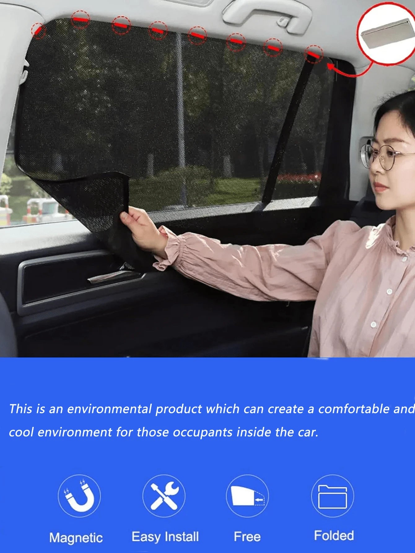 Magnetic Car Sun Shade, Non-Automatic Retractable Interior Sun Blocker, Heat Insulation Front Windshield & Side Window Curtain, Car Sun Shade Magnetic Mesh With Openings