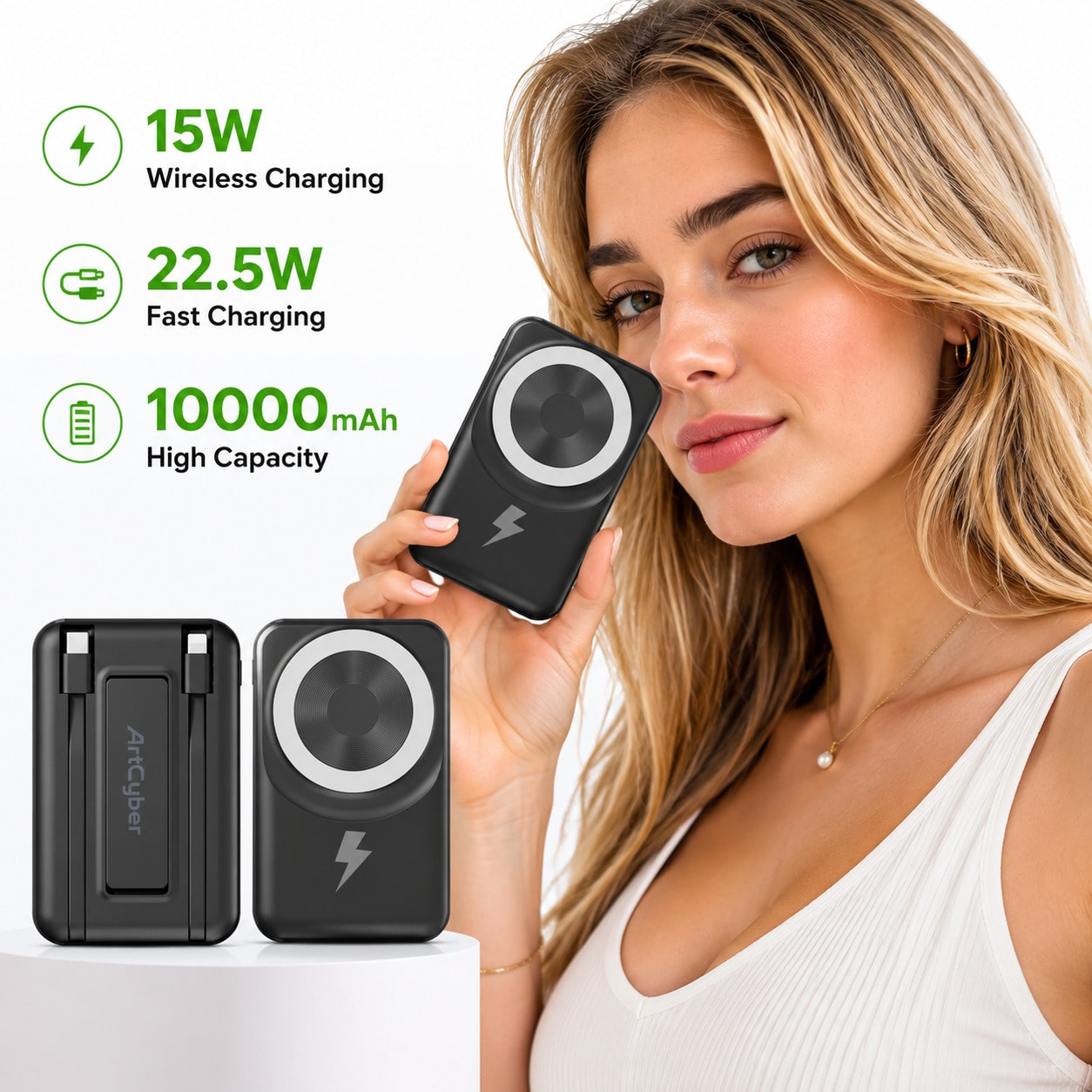 Magnetic Wireless Power Bank 10000mAh Fast Charging With Built-In Cables, Foldable Phone Stand 15W Wireless Charging LED Digital Battery Display, Travel Essentials Camping Essentials College Essential