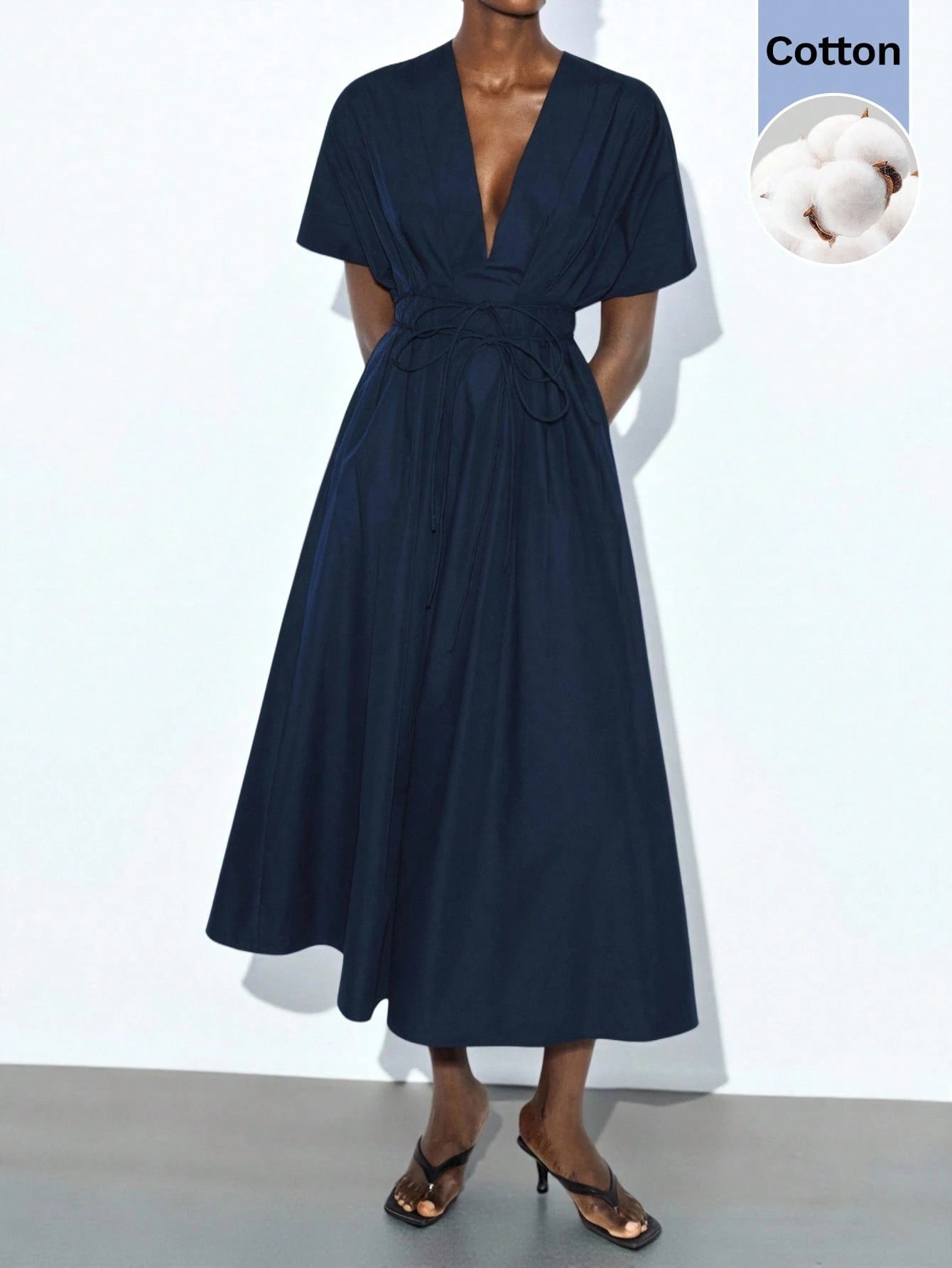 MAIJA Summer Beach Office Teachers' Day Brunch Tea Party Floral Smocked Ruffle Hem Flowy Maxi Dress Women's Clothing Elegant Minimalist Navy Blue