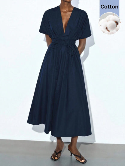 MAIJA Summer Beach Office Teachers' Day Brunch Tea Party Floral Smocked Ruffle Hem Flowy Maxi Dress Women's Clothing Elegant Minimalist Navy Blue