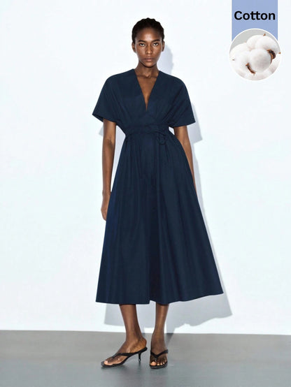 MAIJA Summer Beach Office Teachers' Day Brunch Tea Party Floral Smocked Ruffle Hem Flowy Maxi Dress Women's Clothing Elegant Minimalist Navy Blue