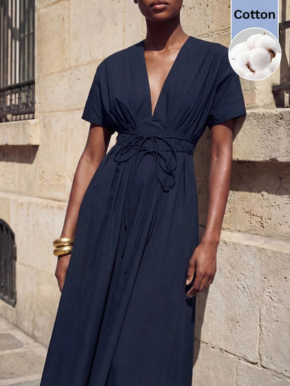 MAIJA Summer Beach Office Teachers' Day Brunch Tea Party Floral Smocked Ruffle Hem Flowy Maxi Dress Women's Clothing Elegant Minimalist Navy Blue