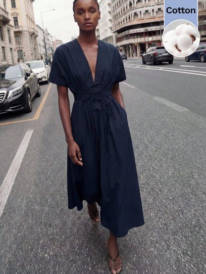MAIJA Summer Beach Office Teachers' Day Brunch Tea Party Floral Smocked Ruffle Hem Flowy Maxi Dress Women's Clothing Elegant Minimalist Navy Blue