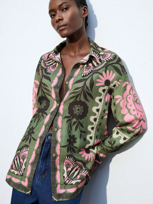 Maija Women's Green Floral Contrast Casual 70s Retro Autumn Boho Vacation Blouse, Minimalist Print Long Sleeve Loose Shirt, Fashionable Outfits