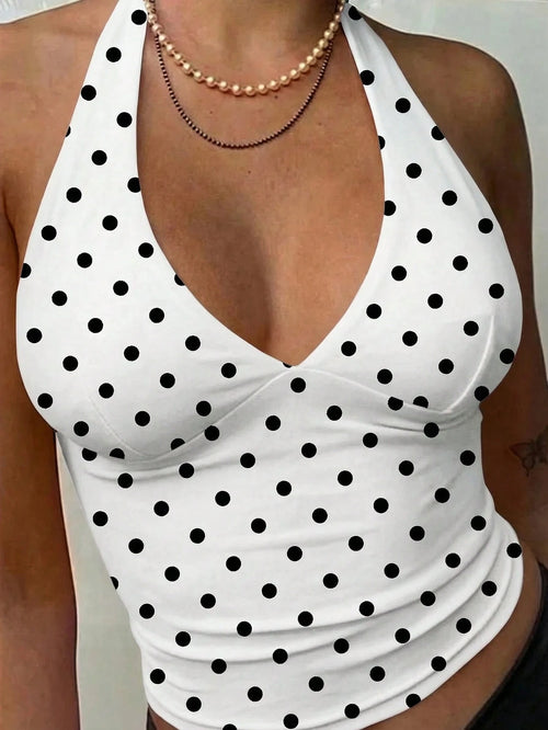 MainGRL Casual Minimalist White Halter Top Paired With Black Polka Dot Print Women Tank Top,Summer Top