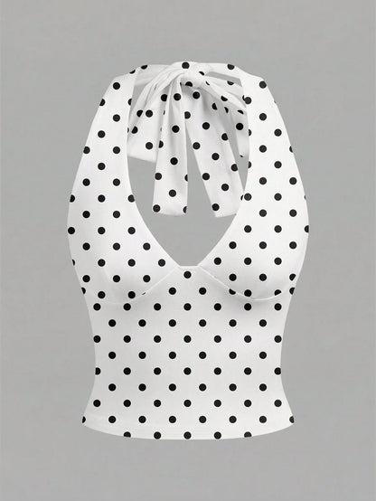 MainGRL Casual Minimalist White Halter Top Paired With Black Polka Dot Print Women Tank Top,Summer Top