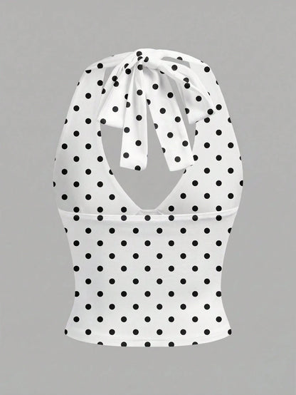 MainGRL Casual Minimalist White Halter Top Paired With Black Polka Dot Print Women Tank Top,Summer Top