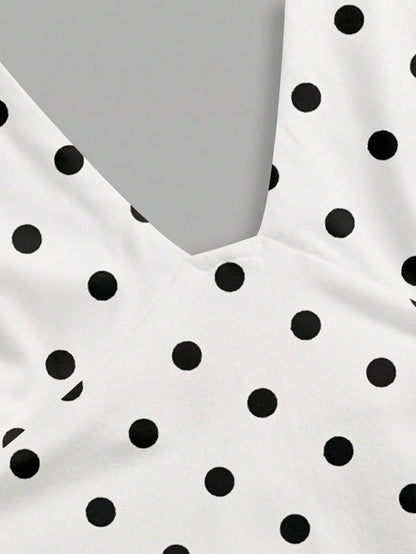 MainGRL Casual Minimalist White Halter Top Paired With Black Polka Dot Print Women Tank Top,Summer Top