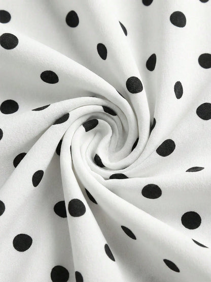 MainGRL Casual Minimalist White Halter Top Paired With Black Polka Dot Print Women Tank Top,Summer Top