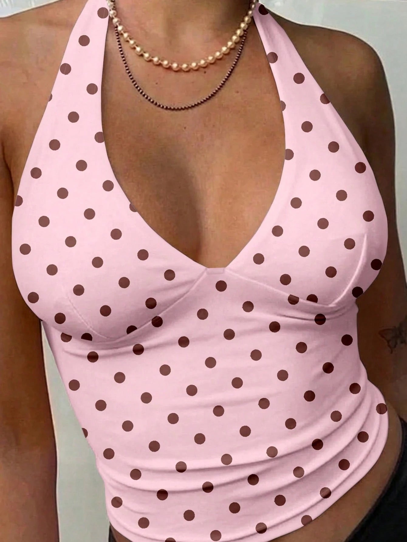 MainGRL Casual Minimalist White Halter Top Paired With Black Polka Dot Print Women Tank Top,Summer Top