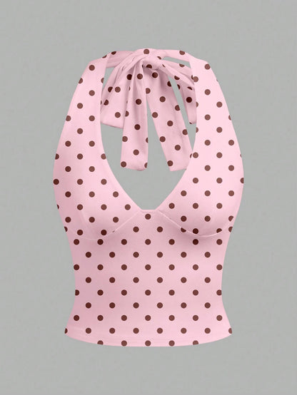 MainGRL Casual Minimalist White Halter Top Paired With Black Polka Dot Print Women Tank Top,Summer Top
