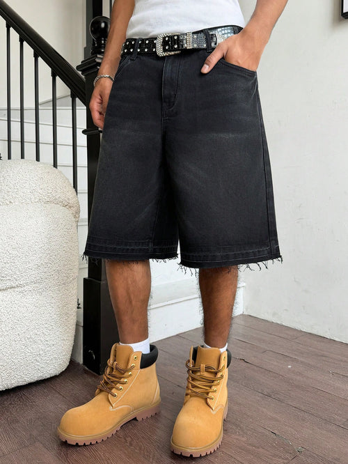 Manfinity EMRG Men Plus Size Casual Street Style Distressed Dark Wash Denim Shorts Adventure Summer, Holiday