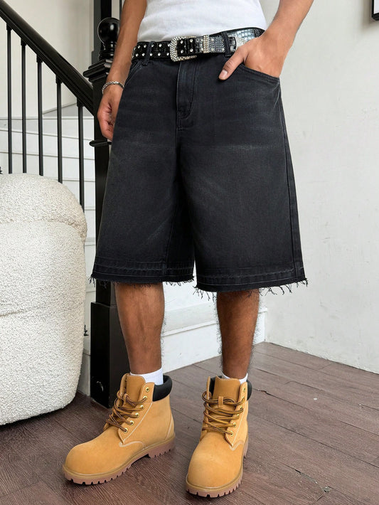 Manfinity EMRG Men Plus Size Casual Street Style Distressed Dark Wash Denim Shorts Adventure Summer, Holiday