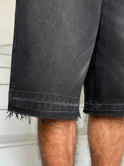 Manfinity EMRG Men Plus Size Casual Street Style Distressed Dark Wash Denim Shorts Adventure Summer, Holiday