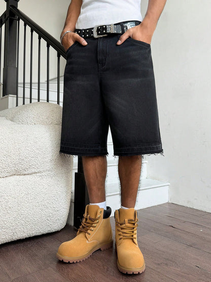Manfinity EMRG Men Plus Size Casual Street Style Distressed Dark Wash Denim Shorts Adventure Summer, Holiday