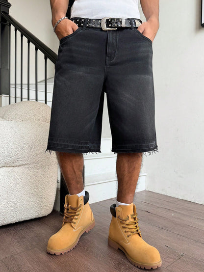 Manfinity EMRG Men Plus Size Casual Street Style Distressed Dark Wash Denim Shorts Adventure Summer, Holiday