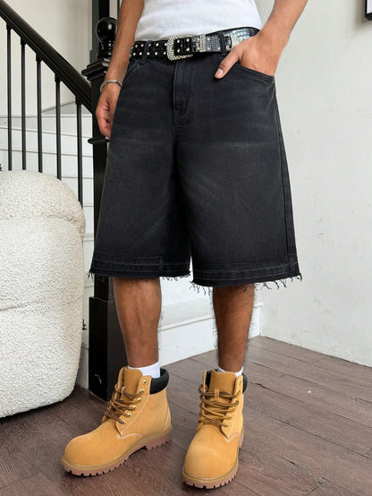 Manfinity EMRG Men Plus Size Casual Street Style Distressed Dark Wash Denim Shorts Adventure Summer, Holiday