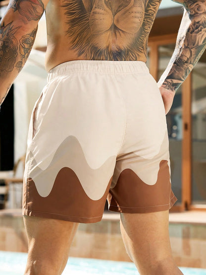 Manfinity KASUA Plus Size Men's Color Block Drawstring Waist Beach Shorts,Beige Summer Casual Hawaiian Swim Trunks,Holiday Vacation Bathing Suits For Men