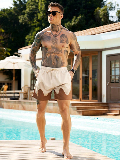 Manfinity KASUA Plus Size Men's Color Block Drawstring Waist Beach Shorts,Beige Summer Casual Hawaiian Swim Trunks,Holiday Vacation Bathing Suits For Men