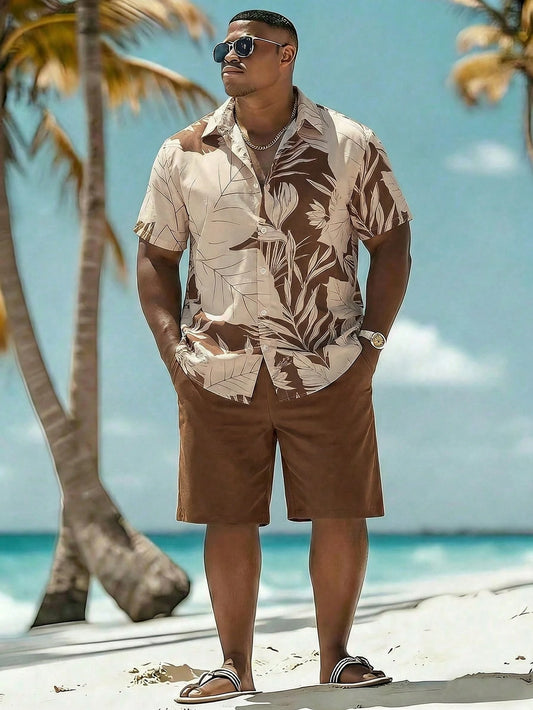Manfinity Swimmode Plus Size Men's Tropical Plant Print Short Sleeve Shirt And Shorts Beach Outfit, Holiday