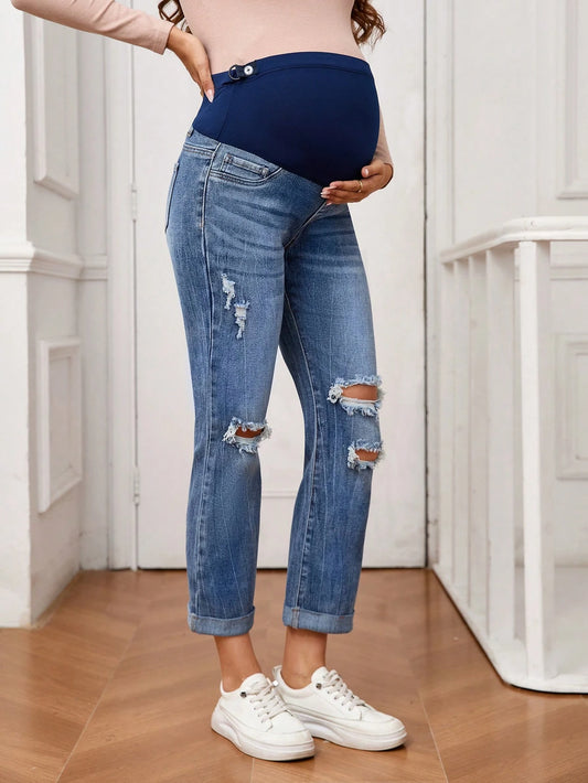 Maternity Adjustable Waist Distressed Flared Casual Jeans