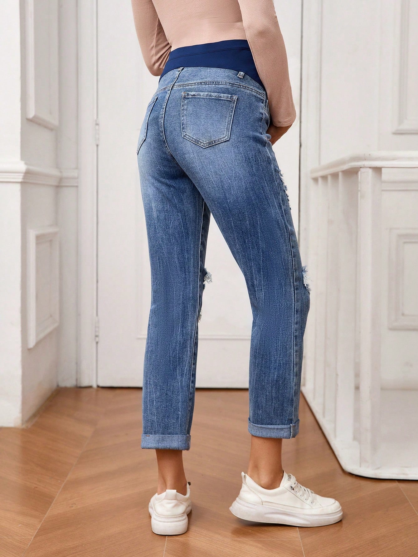 Maternity Adjustable Waist Distressed Flared Casual Jeans