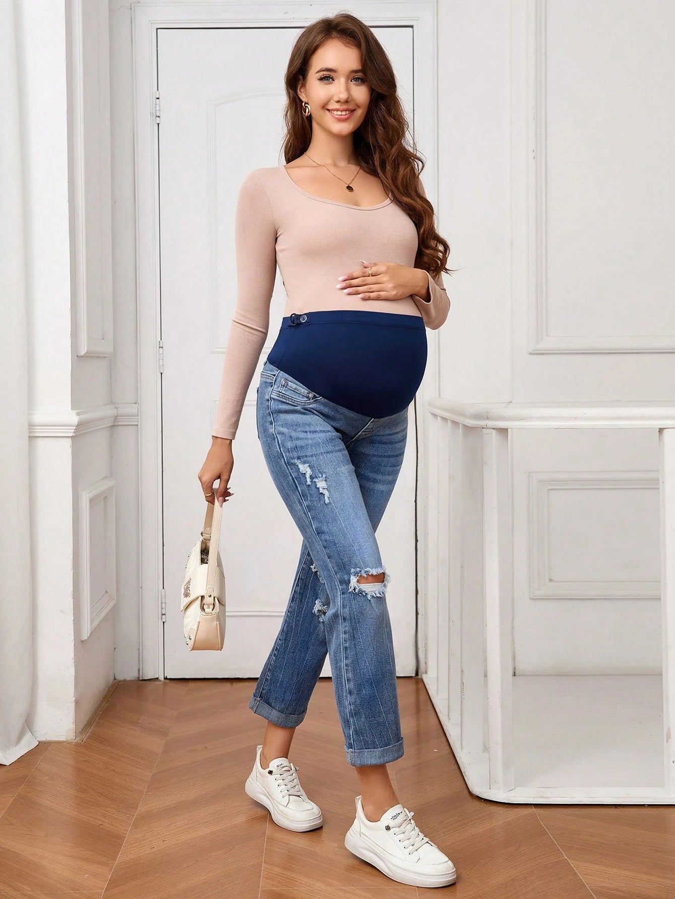 Maternity Adjustable Waist Distressed Flared Casual Jeans