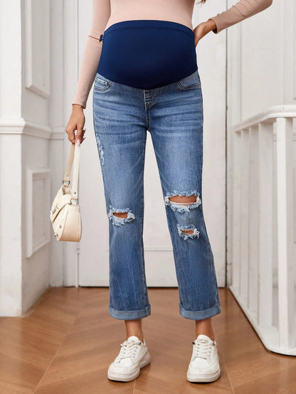 Maternity Adjustable Waist Distressed Flared Casual Jeans