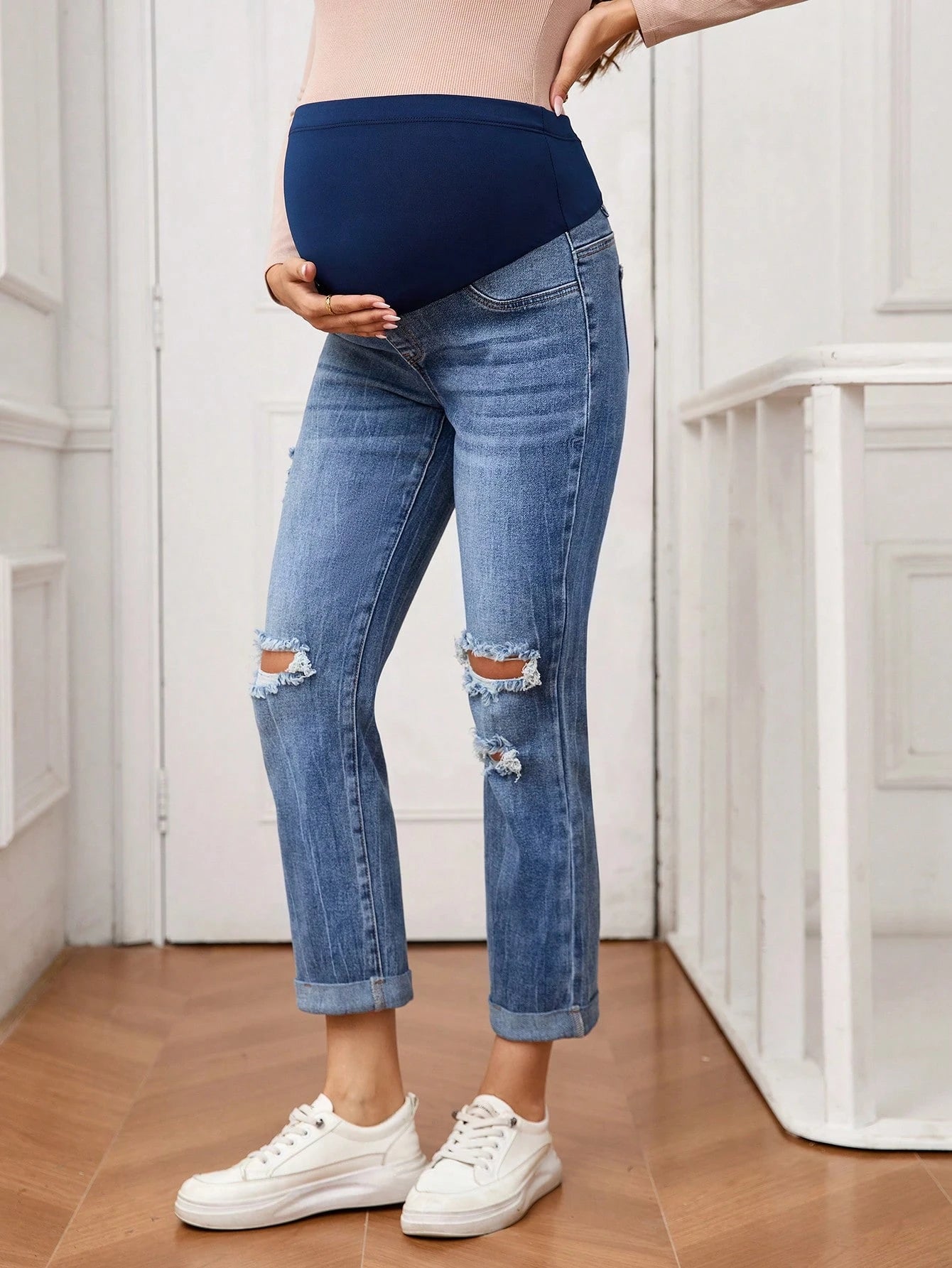 Maternity Adjustable Waist Distressed Flared Casual Jeans