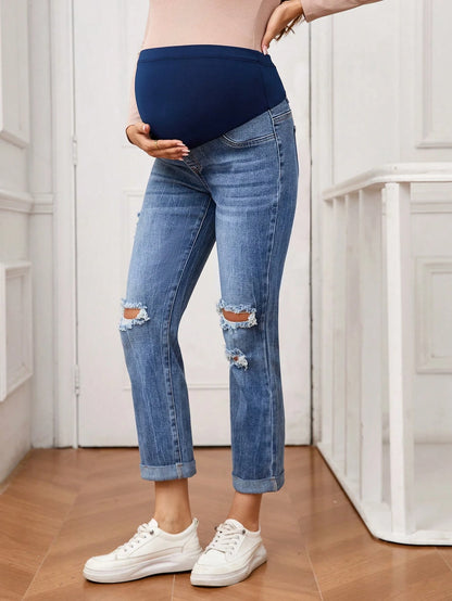 Maternity Adjustable Waist Distressed Flared Casual Jeans
