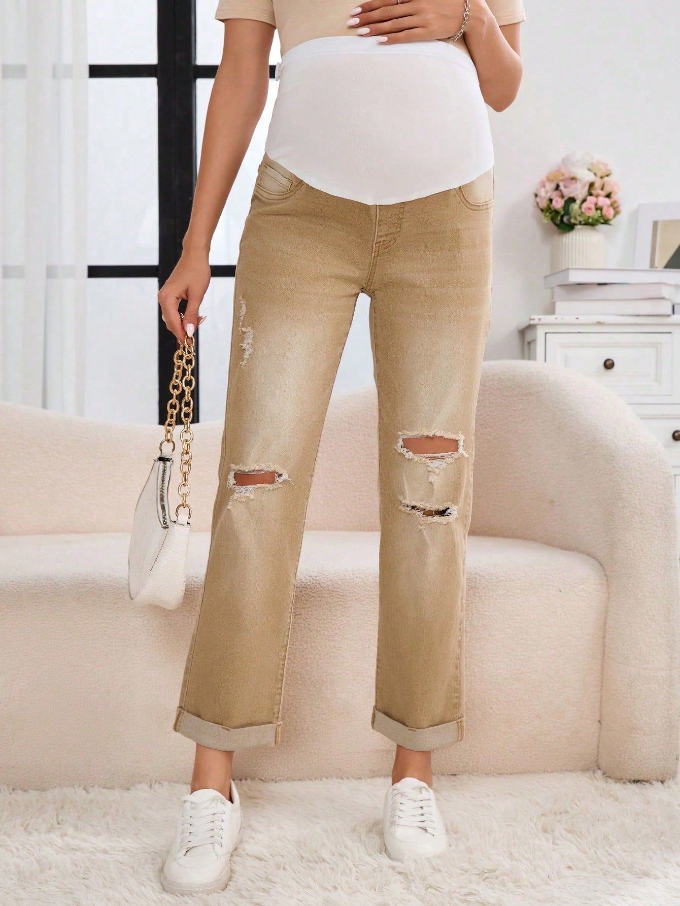 Maternity Adjustable Waist Distressed Flared Casual Jeans
