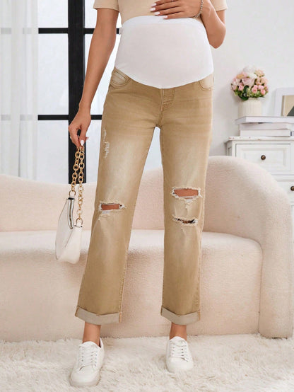 Maternity Adjustable Waist Distressed Flared Casual Jeans