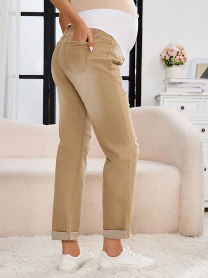 Maternity Adjustable Waist Distressed Flared Casual Jeans